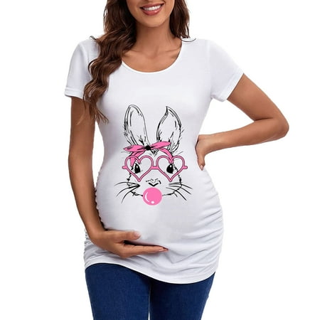 

Maternity blouse Easter Womens Maternity Short Sleeve Crew Neck Rabbit Graphic Ruched Sides T Shirt Tops Pregnancy Tunic Blouse White