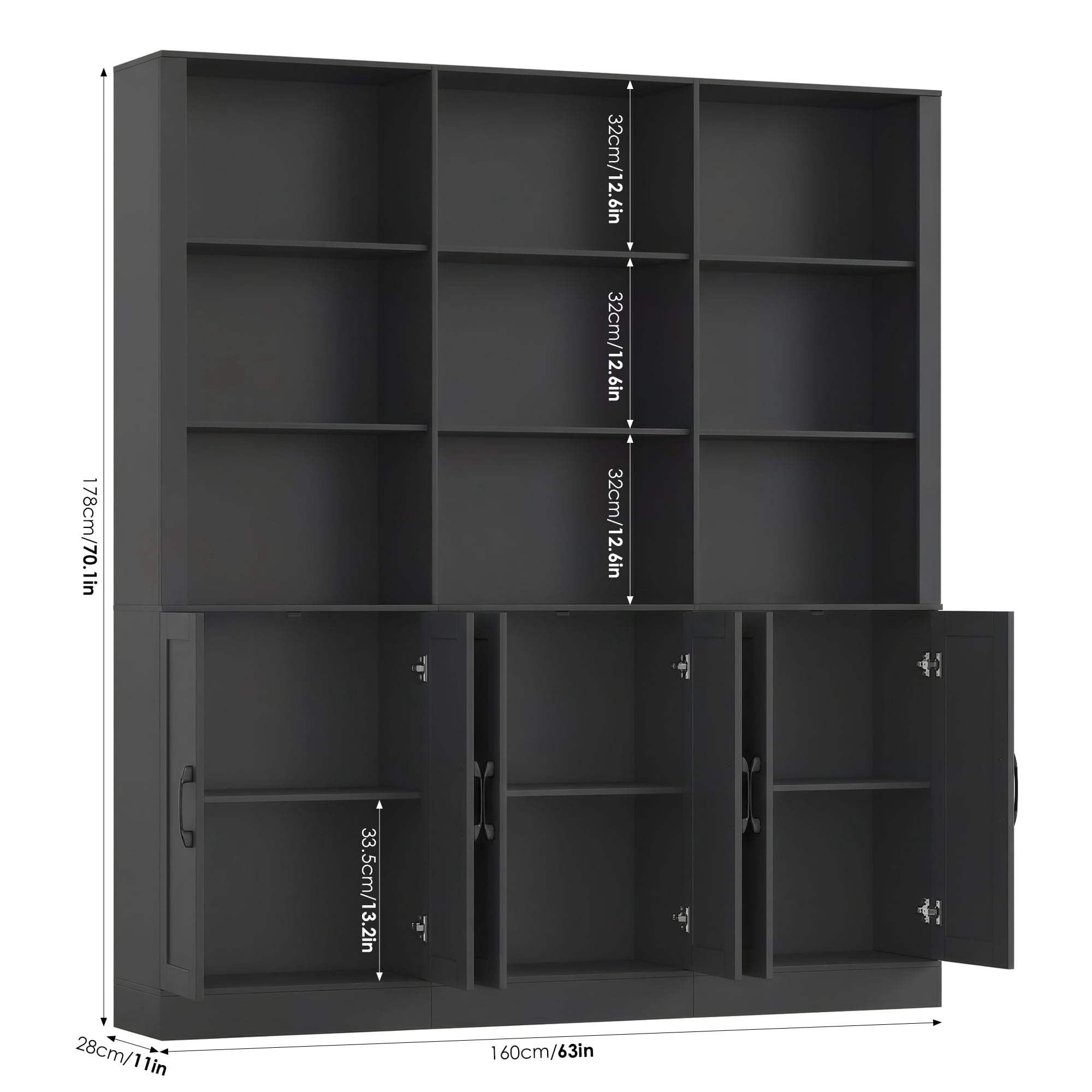Homfa 70″ Tall Bookshelf and Bookcase with Cabinets, 63'' Wide Triple Row Display Shelves, 15 Cubes 5-Tiers Large Bookcase for Living Room Home Office, Black