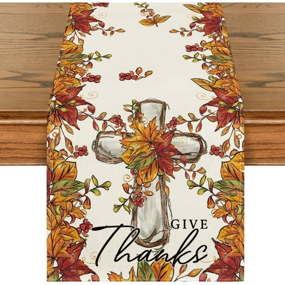 mubwai Cross Maple Leaves Give Thanks Thanksgiving Table Runner, Seasonal Fall Autumn Kitchen Dining Table Decoration for Home Party Decor 13x72 Inch