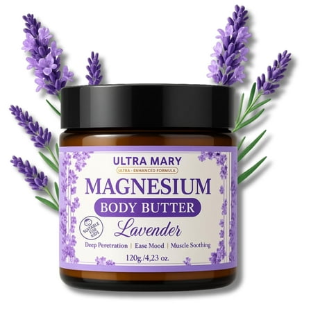 Magnesium Body Butter 4.23oz – Nighttime Lavender Cream – Natural & Vegan Lotion with Shea Butter, Jojoba Oil, Coconut Extract & Dandelion – Topical Relief for Muscle Tension – Kid-Friendly