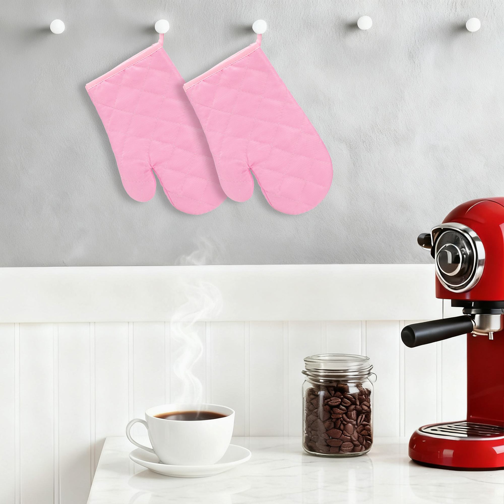 Unique Bargains Heat Resistant Cooking Gloves Thick Cotton Lining Pink 10.6x6.7inch
