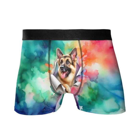 Funny Watercolor Adorable German Shepherd Peeking Through Torn Paper Effect All Over Print Boxer Briefs Underwear for Men Dad Alsatian Dog Lover Gifts - 00026