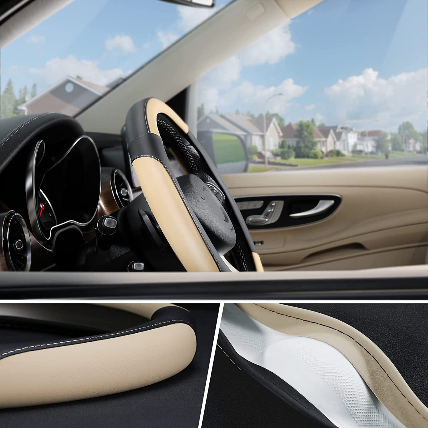 SEG Direct Car Steering Wheel Cover for All Standard-Size Steering Wheels with 14 1/2 inches - 15 inches Outer Diameter, Beige Microfiber Leather