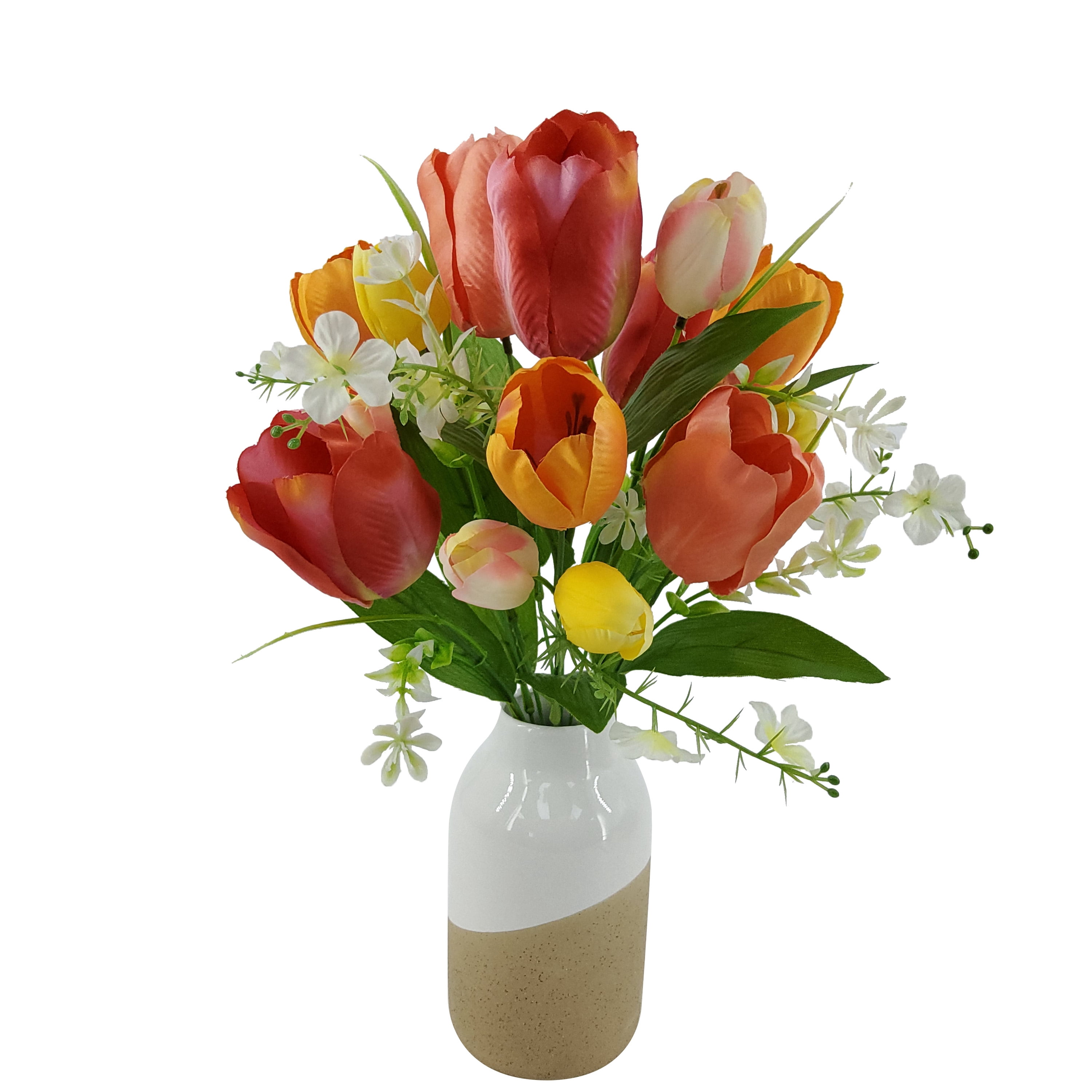 Mainstays 18in Indoor Artificial Red Orange Tulip Bush, Red Color.
