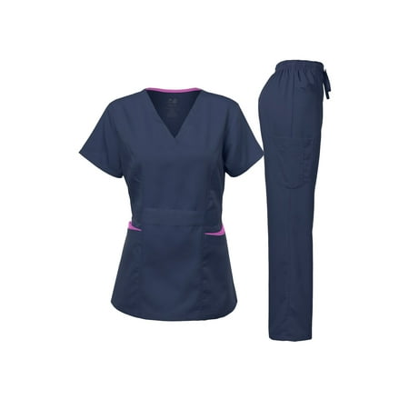 

Dagacci Medical Uniform Women s Scrubs Set Stretch Ultra Soft Contrast pocket (Navy Large)