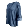 thumbnail image 7 of Women's Plus Size Denim Top, V Neck Long Sleeve Casual T-Shirt with Side Slits, Loose Fit Streetwear Tunic for Daily Wear and Going Out Blue L, 7 of 7