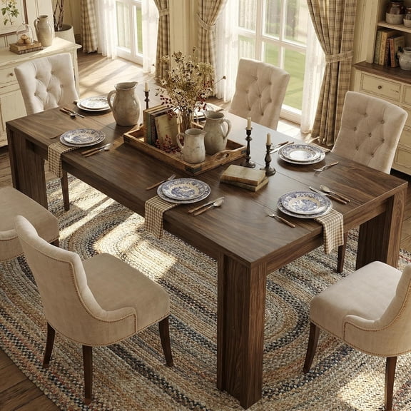 71 Inch Farmhouse Dining Table for 6-8 People, Rectangular Kitchen Table with Wide H-Shaped Legs, Large Wooden Dining Table for Home Office, Apartment, Dining Room,Walnut