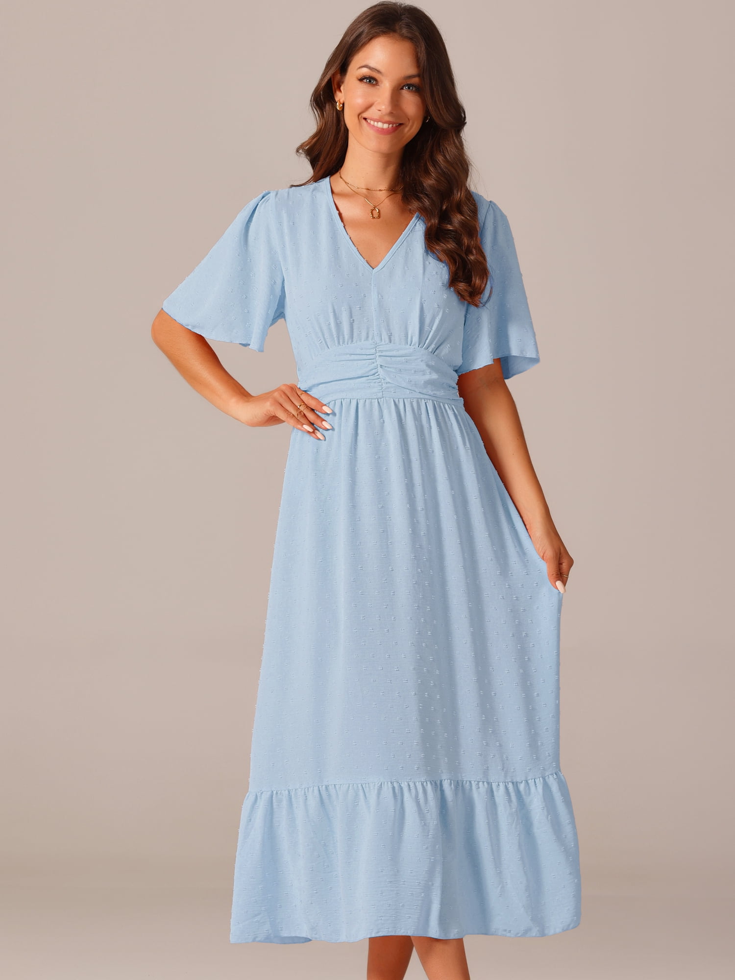 DARING DIVA Women's Swiss Dots Ruffle Midi Dresses M Light Blue