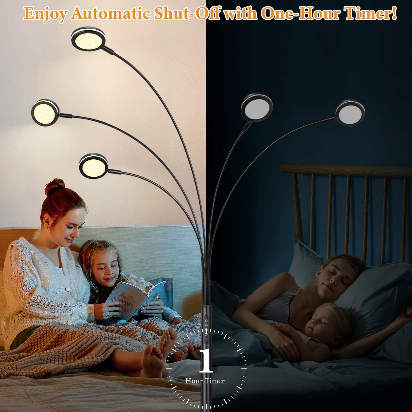Nordic Hygge LED Arc Floor Lamp with Remote, Black