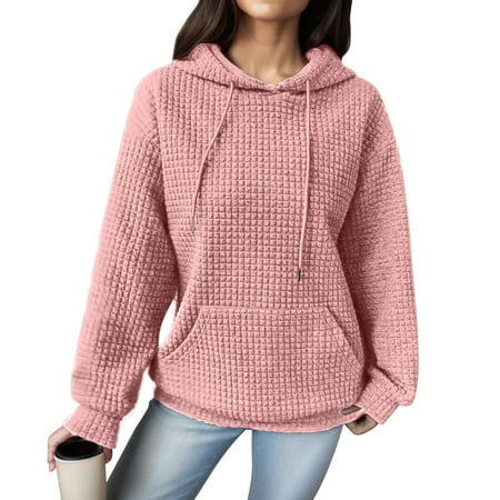 GWAABD Women s Hoodies Pit Strip Cable Knit Sweaters Solid Color Loose Pullover Long Sleeve with Pocket Drawstring Hooded Hoodie Red L