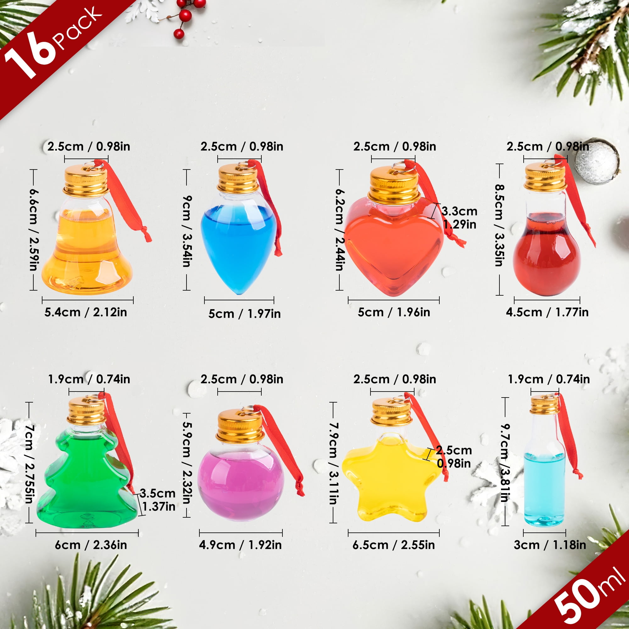 16 Pack Clear Fillable Plastic Ornament Balls, 50 ml Reusable Christmas Tree Hanging Decorations for Holiday Crafts and Gift Exchanges
