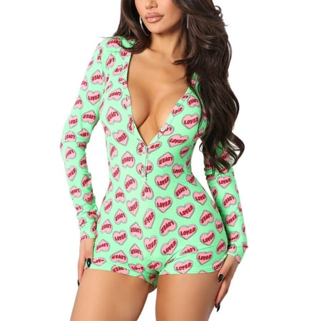 

Women V neck Shorts Onesie Bodysuit Print Long Sleeve Romper Bodycon Jumpsuit Pajamas