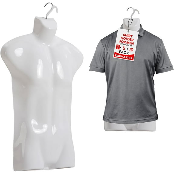 Topmaster Premium Male Shirt Holder – Lightweight Mannequin Torso with Hanging Hook for Shirt Display & Storage, White, Pack of 1