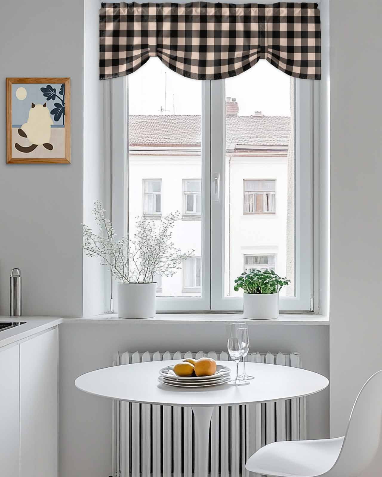 Black Brown Retro Plaid Tie Up Valances Curtain, Pastoral Plaid Vintage Style Kitchen Valances for Windows Decor, Rod Pocket Short Curtains Set for Bedroom/Bathroom, 54"x18"