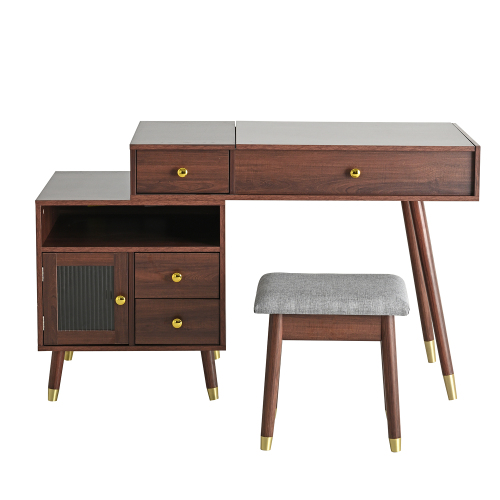 3-in-1 Vanity Desk with Lighted Flip-Top Mirror & Adjustable Cabinet, Makeup Dressing Table with Stool, Dresser with Drawers for Bedroom, Walnut