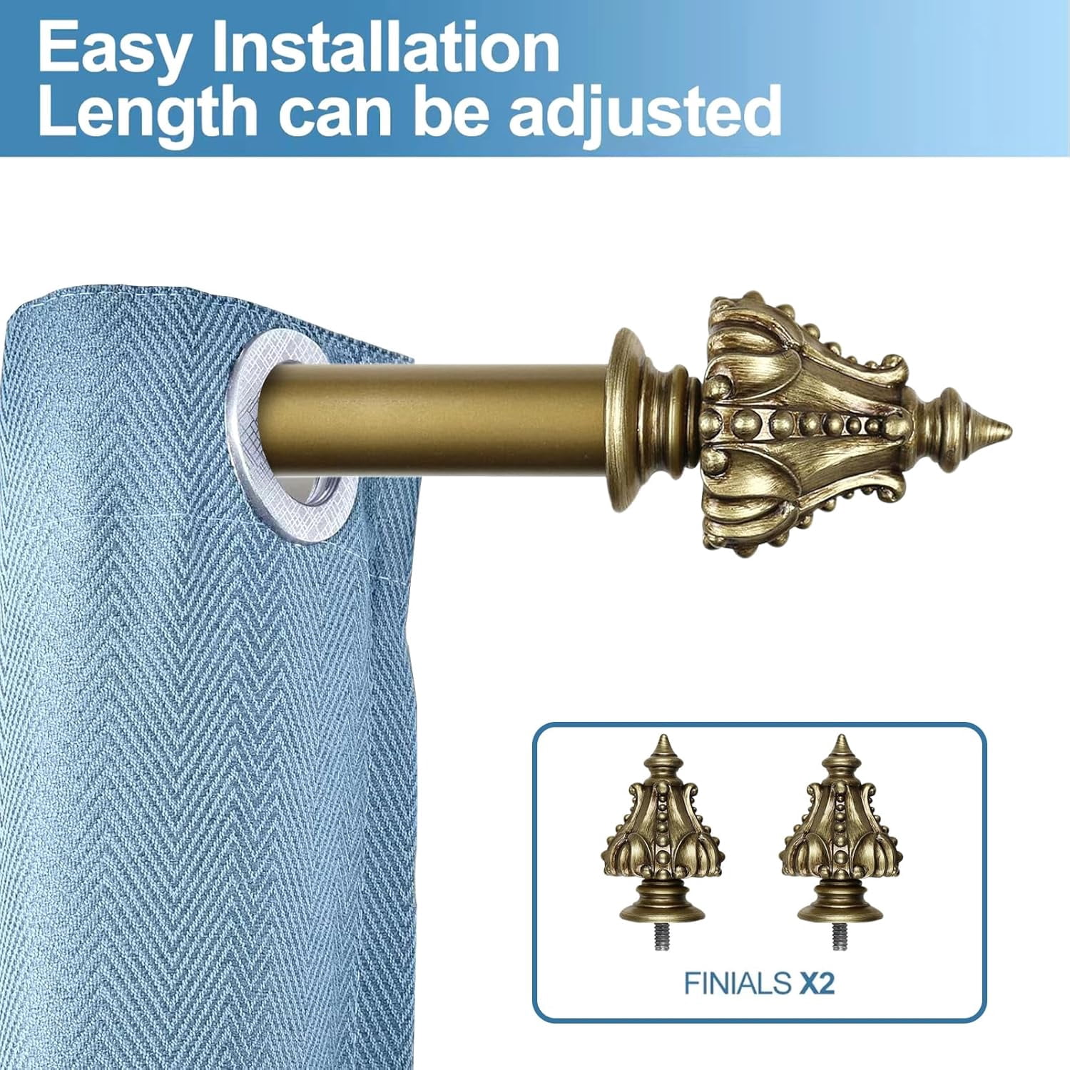 Urbanest Adjustable Single Curtain Rod Set Regale Finials – 1 - Inch Diameter, With Renaissance Gold Rod, 84–120 Inches