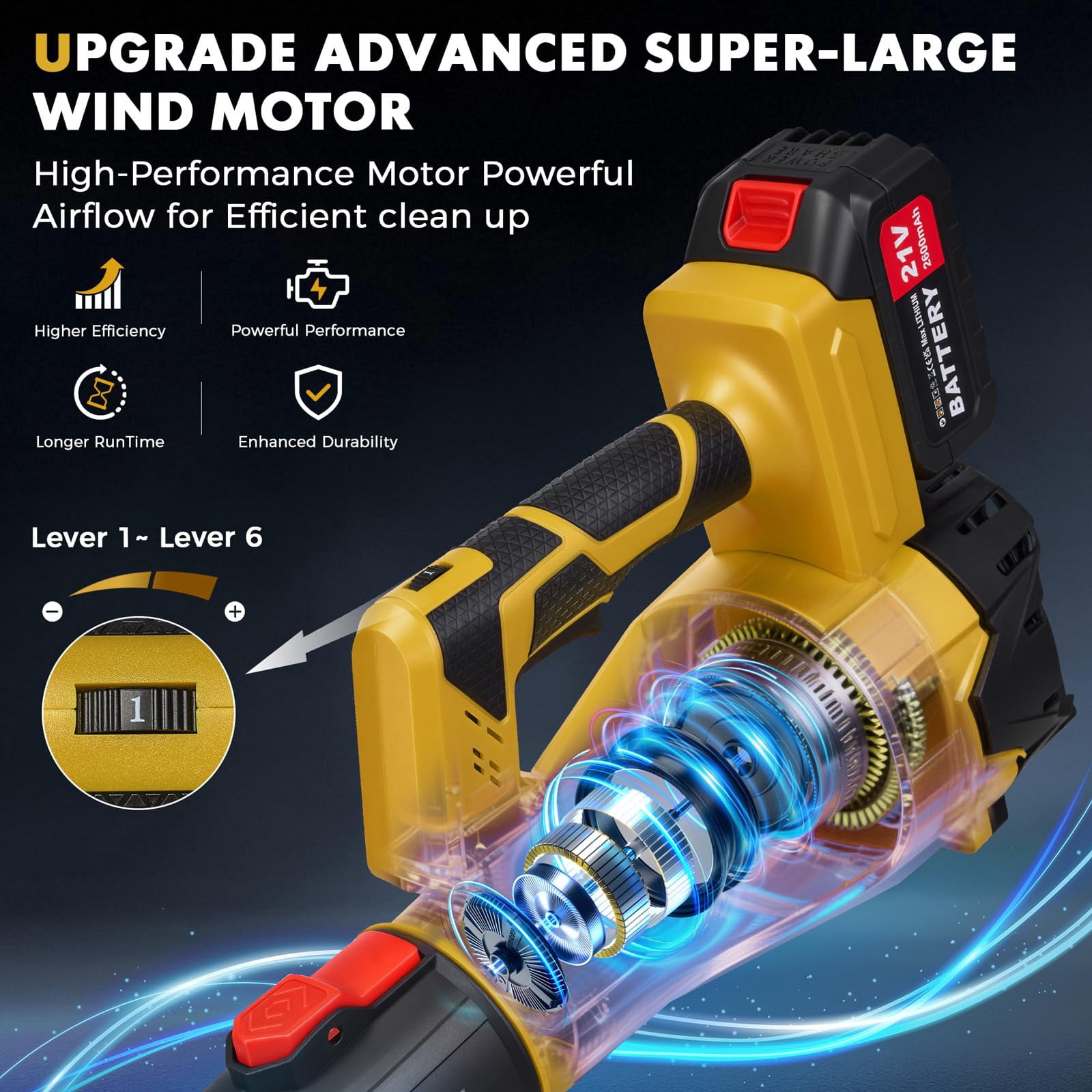 YUIRCHER 21V Cordless Leaf Blower, 200MPH Portable Battery Powered Handheld Blower for Outdoor Yard and Garden Debris Cleaning, Yellow