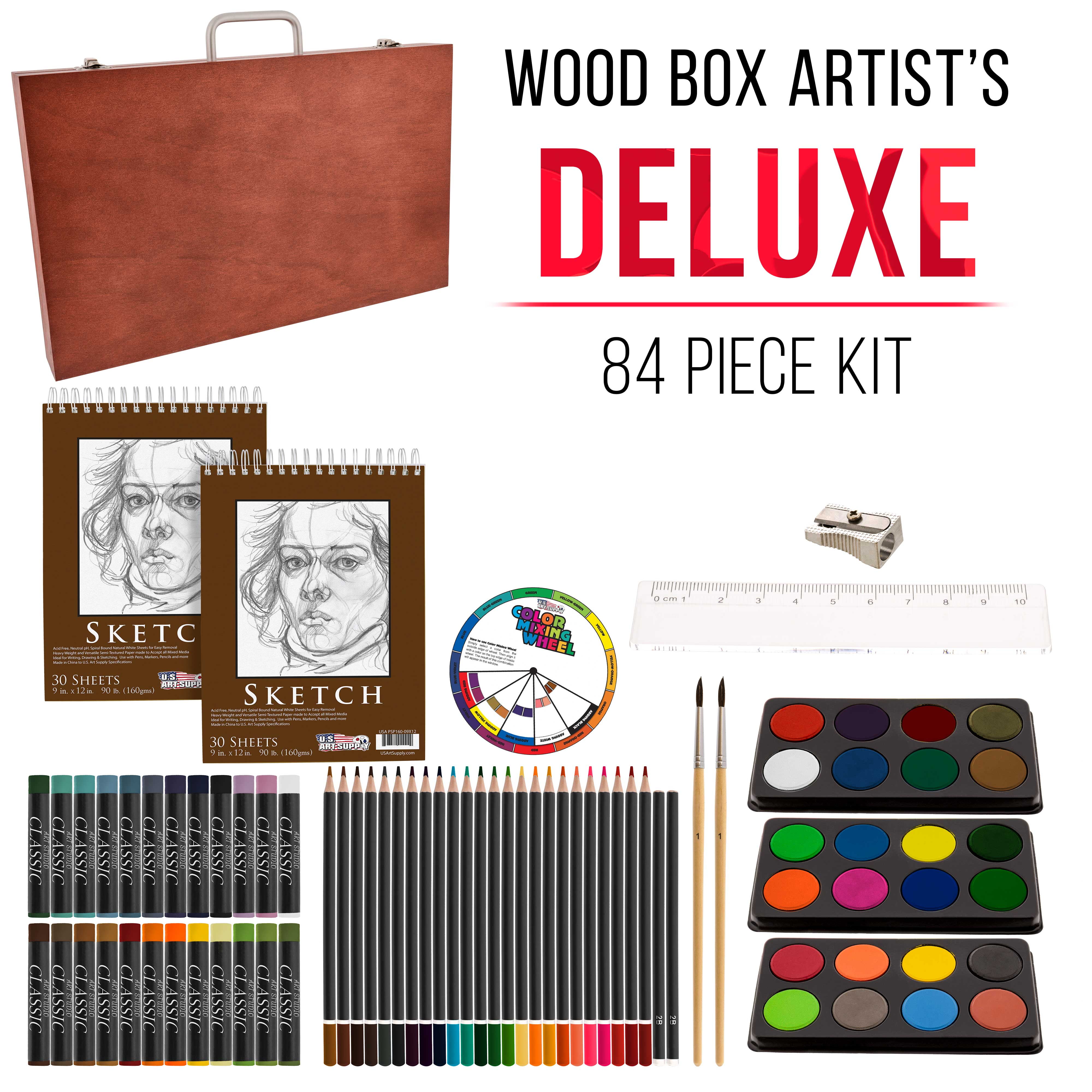 U.S. Art Supply 84-Piece Deluxe Artist Studio Creativity Set Wood Box Case - Art Painting, Drawing, 2 Sketch Pads, 24 Watercolor Paint Colors, 24 Oil Pastels, 24 Colored Pencils, 2 Brush, Starter Kit