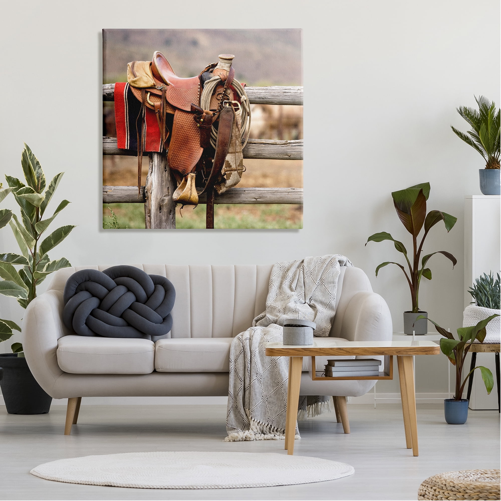 Stupell Industries Western Saddle on Fence Literature & Film Photography Gallery Wrapped Canvas Art Print Wall Art, 36 x 36