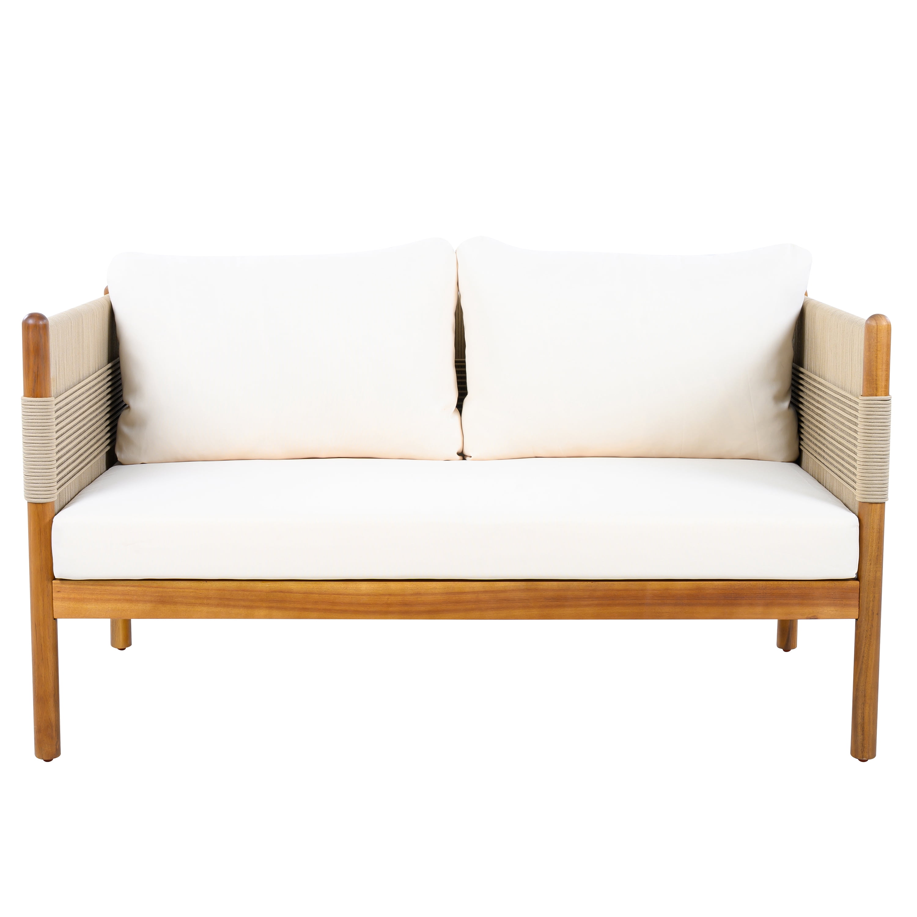 Loveseat, Outdoor Acacia Wood Sofa with Diamond Rope Weave and Cushions for Patio Garden, Teak and Cream
