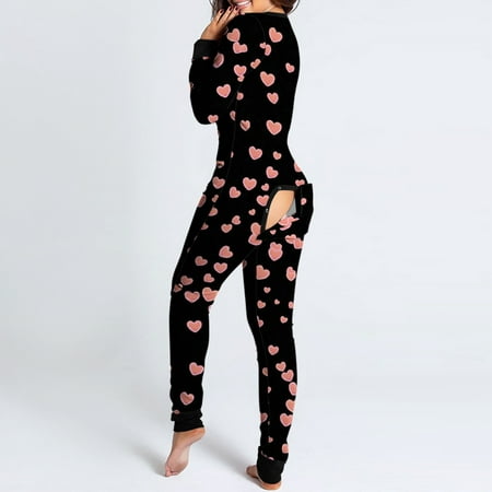 

PEONAVET Onesie Pajamas for Women Sexy V Neck Butt Button Flap Jumpsuit Valentine s Day Heart Printed Jumpsuits Long Sleeve Button Onesies Pajama Club Rompers Sleepwear