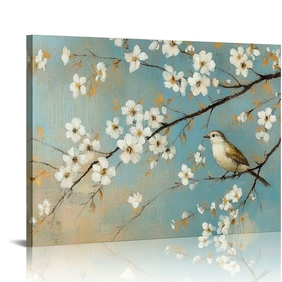 BCIIG Floral Canvas Wall Art Rustic Flower Painting Gold Foil White Plum Tree Blossom Picture Vintage Hand-Painted Artwork for Living Room Bedroom Home Office 20x16in
