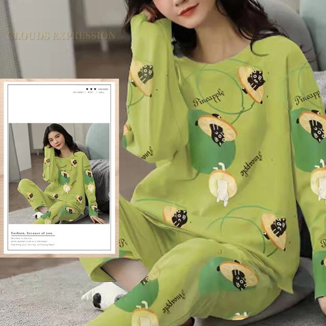 Pijamas de poliéster con lunares para mujer, ropa de dormir de manga larga, conjuntos de ropa para el hogar, ropa de dormir informal de dibujos animados, talla 5XL, primavera y otoño