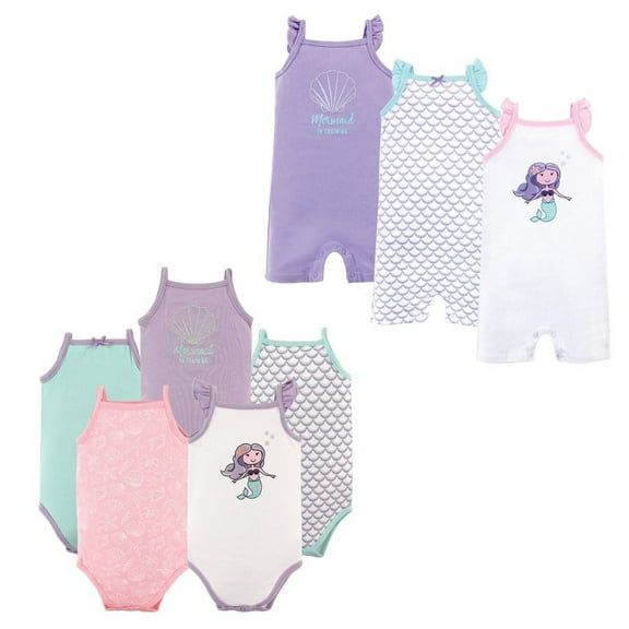 Hudson Baby Infant Girl Cotton Bodysuits and Rompers, 8-Piece, Mermaid, 0-3 Months