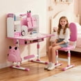 thumbnail image 3 of Fompes Height Adjustable Kids Desk and Chair Set Ergonomic Children's Desk and Chair Set with Sitting Corrector Book Stand Foot Pedal Partition Design Kids Interactive Workstation - Pink, 3 of 9