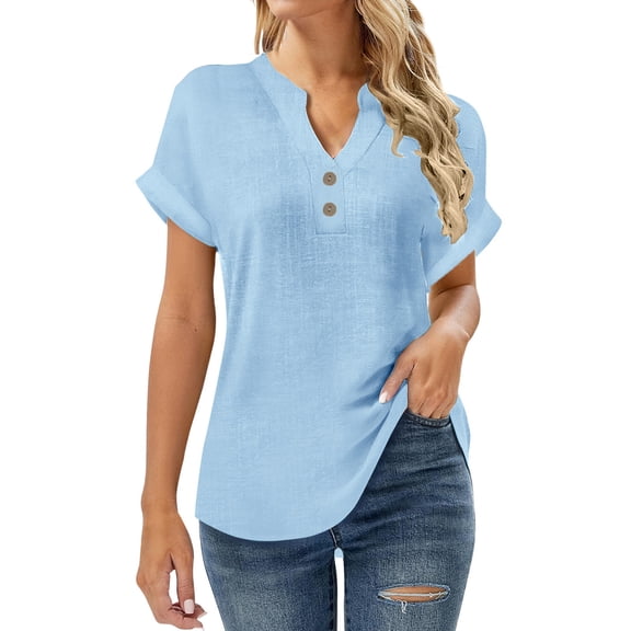 Htigea Women's Plus Size T-Shirts Cotton Linen V-Neck Short Sleeve Shirts Casual Loose Fit Summer Tee Solid Color Everyday Tops Light Blue S