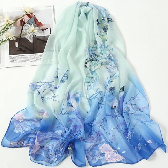 Nvzi Elegante bufanda cuadrada, nueva bufanda de gasa, moda de primavera, bufanda fina estampada, decoración, chal protector solar, 1 pieza (azul)