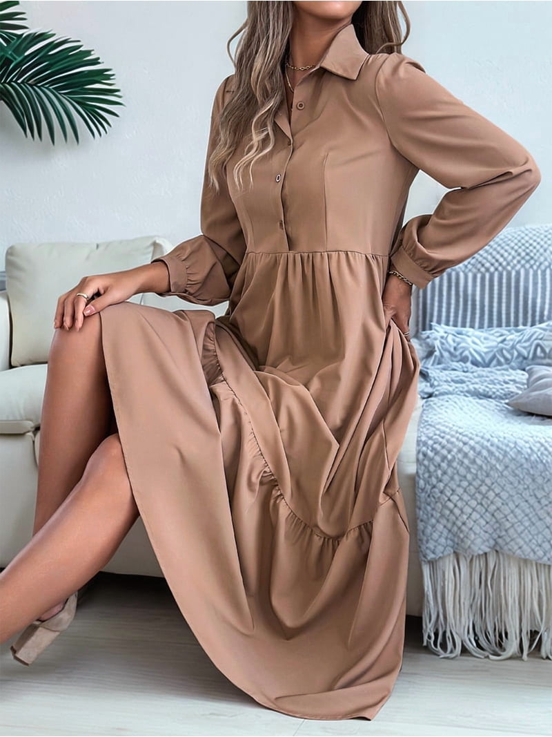 Womens Casual 3/4 Sleeve Shirt Dress Button Down V Neck Tiered Collared  Flowy Maxi Dress Wine Red XL
