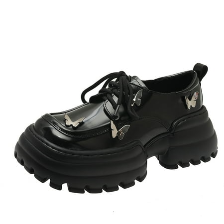 

Women‘s Butterfly Decor Platform Loafers Square Toe Black Lace Up Chunky Heels Comfortable Non-slip Shoes