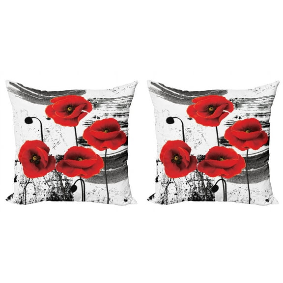 Ambesonne Poppy Flower Throw Pillow Cover 2 Pack, Grunge Brush Flowers, 24", Vermilion Grey