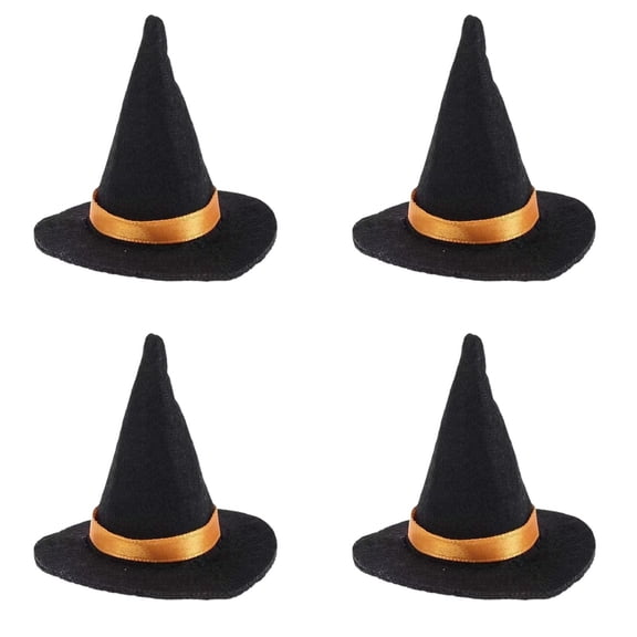 4Pcs Mini Felt Witch Hats for Halloween, Black Handmade Bottle Decor, DIY Craft Accessories, Reusable Tabletop Ornaments for Holiday Celebrations & Craft Projects