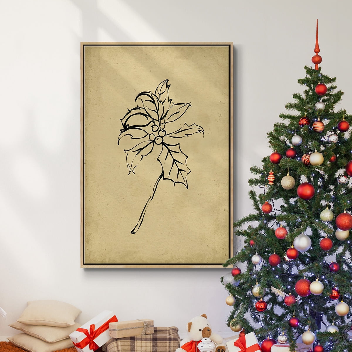 Holly Branch II - Framed Gallery Wrapped Holiday Canvas - 27 x 41 - Natural Wood Frame