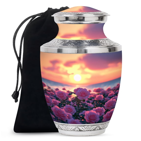 JAGASY Pink Rose Urn for Ashes Adult Male - Sunset Large Urn for Ashes for Women - Pink Roses Flowers Cremation Urns - Handmade Funeral Urns for Sister - (10 Inch)
