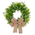 thumbnail image 2 of Green Boxwood Wreath with Jute Bow, Artificial Spring Summer Front Door Decor, White Flower Accents for Year Round Entryway Wall Hanging, 12 Inch, 2 of 7