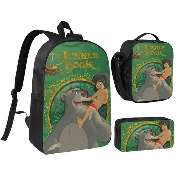 Jungle Book Backpack 3 Piece Set Bookbag with Lunch Box Pencil Case Travel Daypack, 3D Printed Lightweight High-capacity Schoolbag Fashion Bento Backpack