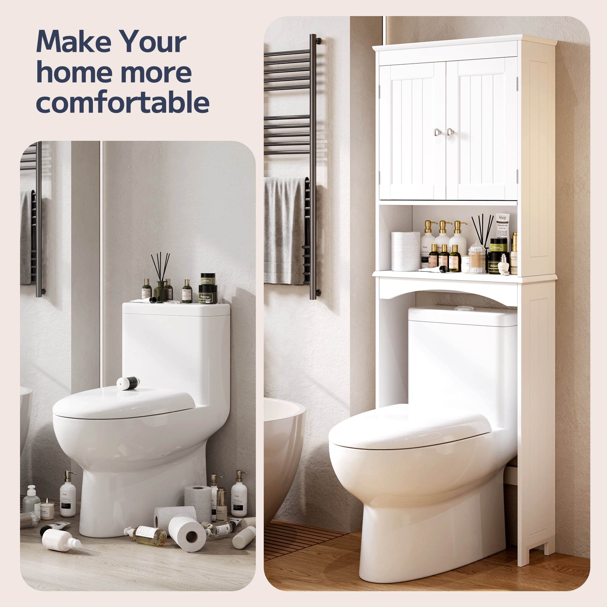 Over The Toilet Storage Cabinet, Asofer Bathroom Shelf Organizer with Anti-Tip Device Small Freestanding Space Saver, White