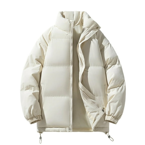 Men's Fleece-Lined Down Cotton Jacket - Loose, Zip Pocket, Warm, Casual & Versatile, Beige, Size L