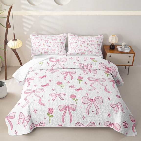 Erosebridal Pink Kawaii Bowknot Twin Quilt Set for Girls, Rose Flower Twin Coverlet Set, 2-Piece