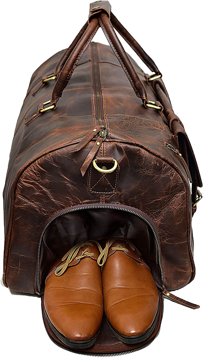 24 Inch Genuine Leather Duffel Travel Overnight Weekend Leather Bag Sports Gym Duffel for Men
