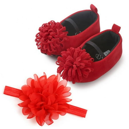 

2pcs/Set Infant Baby Girl Flats with Flower Headband Toddler Non-Slip Soft Sole Wedding Dress Shoes Prewalker Shoes 0-18 Months