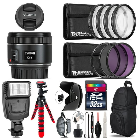 Canon EF 50mm f/1.8 STM Lens Flash Tripod & More - 32GB Accessory Kit (International Version)