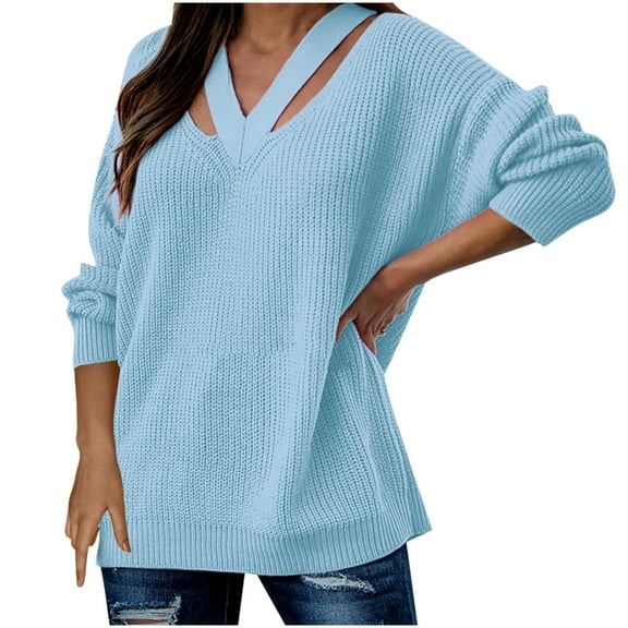 JINMGG 2024 Fall Winter Plus Size Sweaters for Women Clearance,Fashion Women Solid Color Long Sleeve Pullove V-Neck Casual Sweater Tops