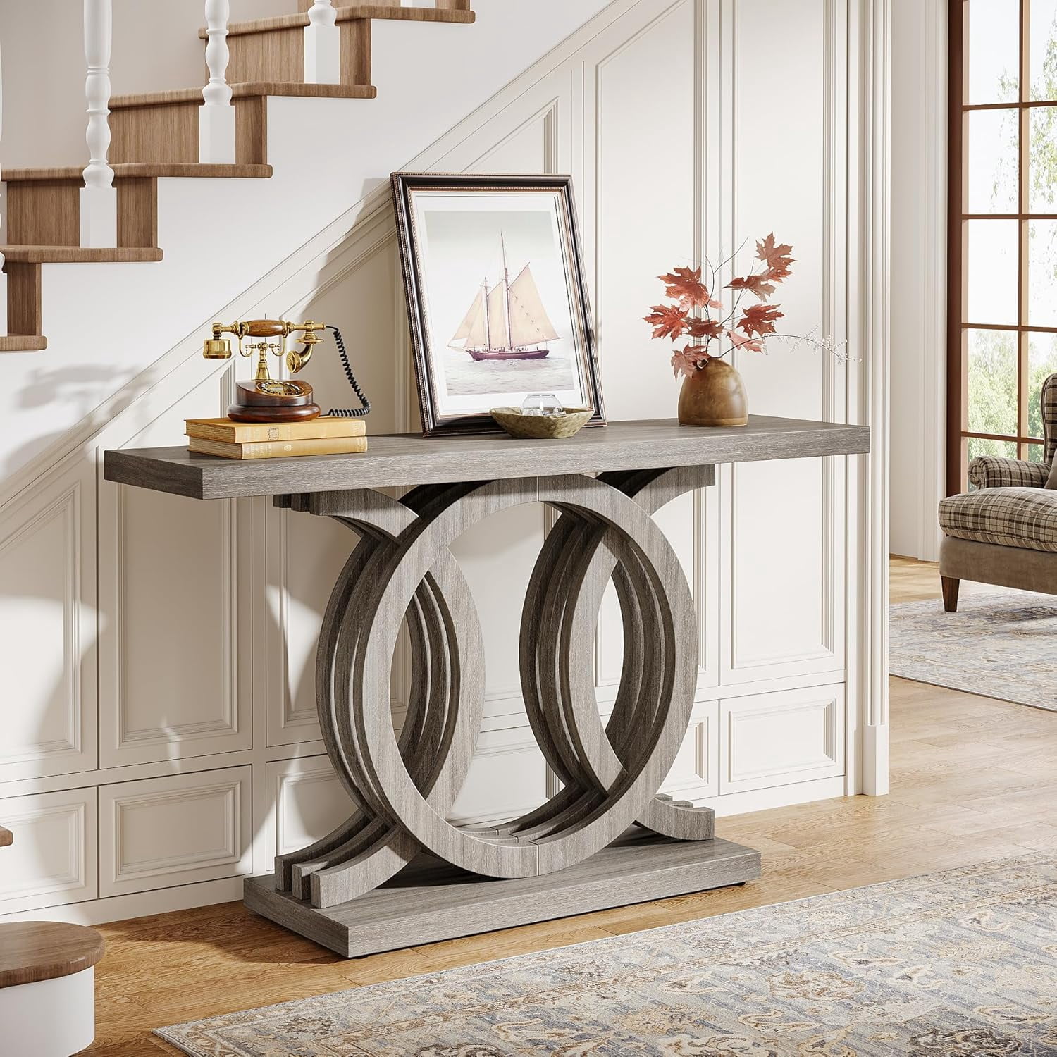 Finmind 55" Console Table with Geometric Wood Base, Modern Entryway Table, Gray