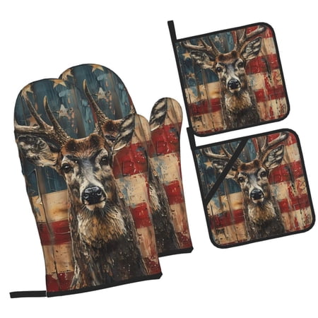 Naloa American Flag Deer Art Oven Mitts and Pot Holders 4 pcs Set Cooking Baking Grilling Kitchen Oven Glove for Cooking