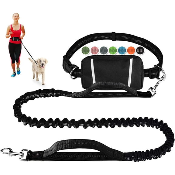 Hands Free Dog Leash, Waist Running Leash with Zipper, Walking Pouch for Medium Large Dogs, Dual Handle and Retractable Bungee for Training Jogging Hiking
