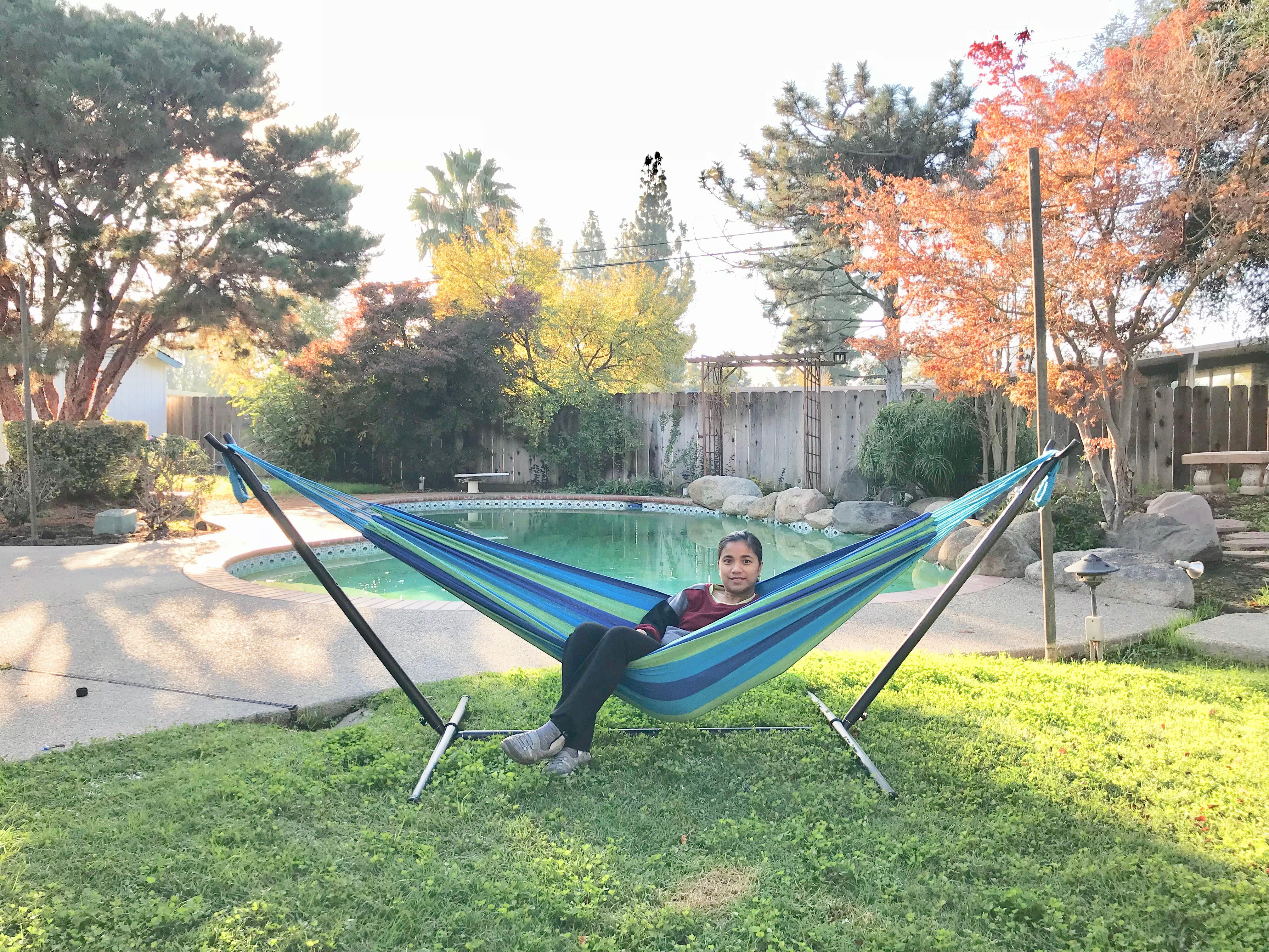 Lazy Daze Hammocks Double Hammock with Space Saving Steel Stand Includes Portable Carrying Case and Head Pillow, 450 Pounds Capacity (Oasis Stripe)